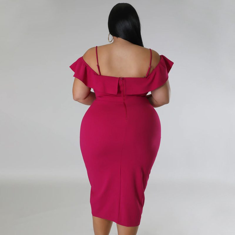 Plus Size Women Sweet Solid Color Dress off Neck Midi Dress - Image 4