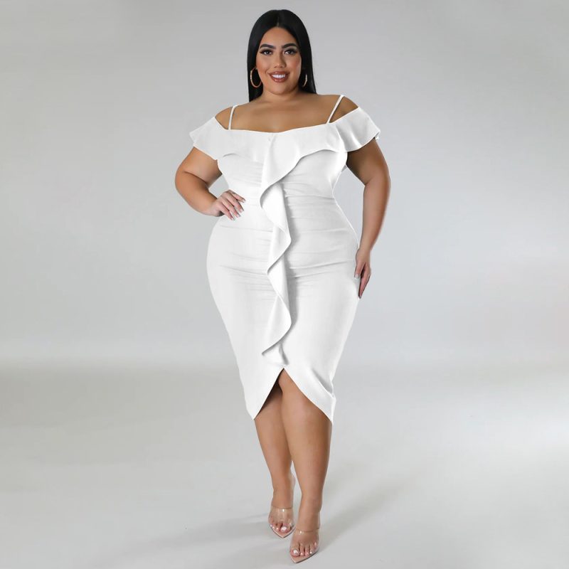 Plus Size Women Sweet Solid Color Dress off Neck Midi Dress - Image 5