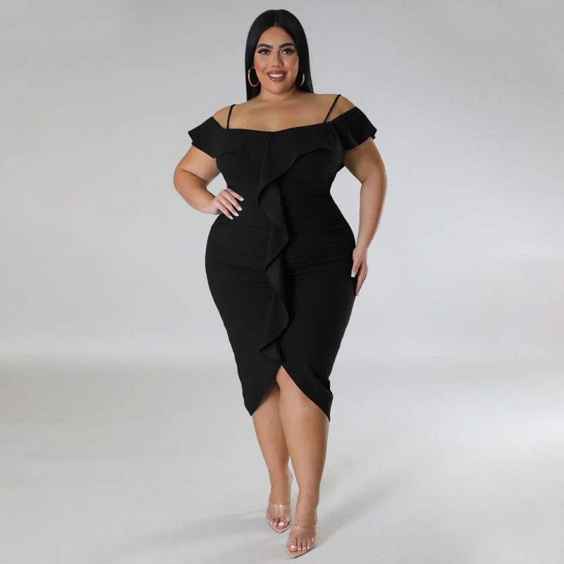 Plus Size Women Sweet Solid Color Dress off Neck Midi Dress - Image 7