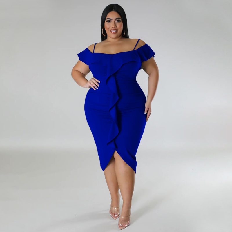 Plus Size Women Sweet Solid Color Dress off Neck Midi Dress - Image 9