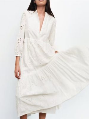 Spring Women White Long Sleeve Embroidery Hollow Out Cutout Dress