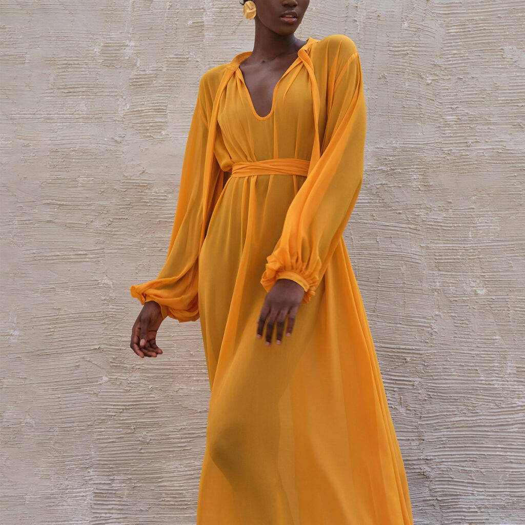 Women Clothing Fashionable Loose All Match Casual See Through Long Puff Sleeve Lacing Chiffon Dress - Image 3