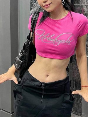 Round Neck Rhinestone Letter Graphic Sexy Short Top Niche Summer Casual All Match T shirt for Women