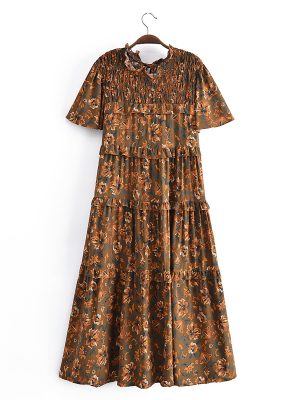 Summer Women Printed Elastic Tiered Dress Short Sleeve Dress Mid Length