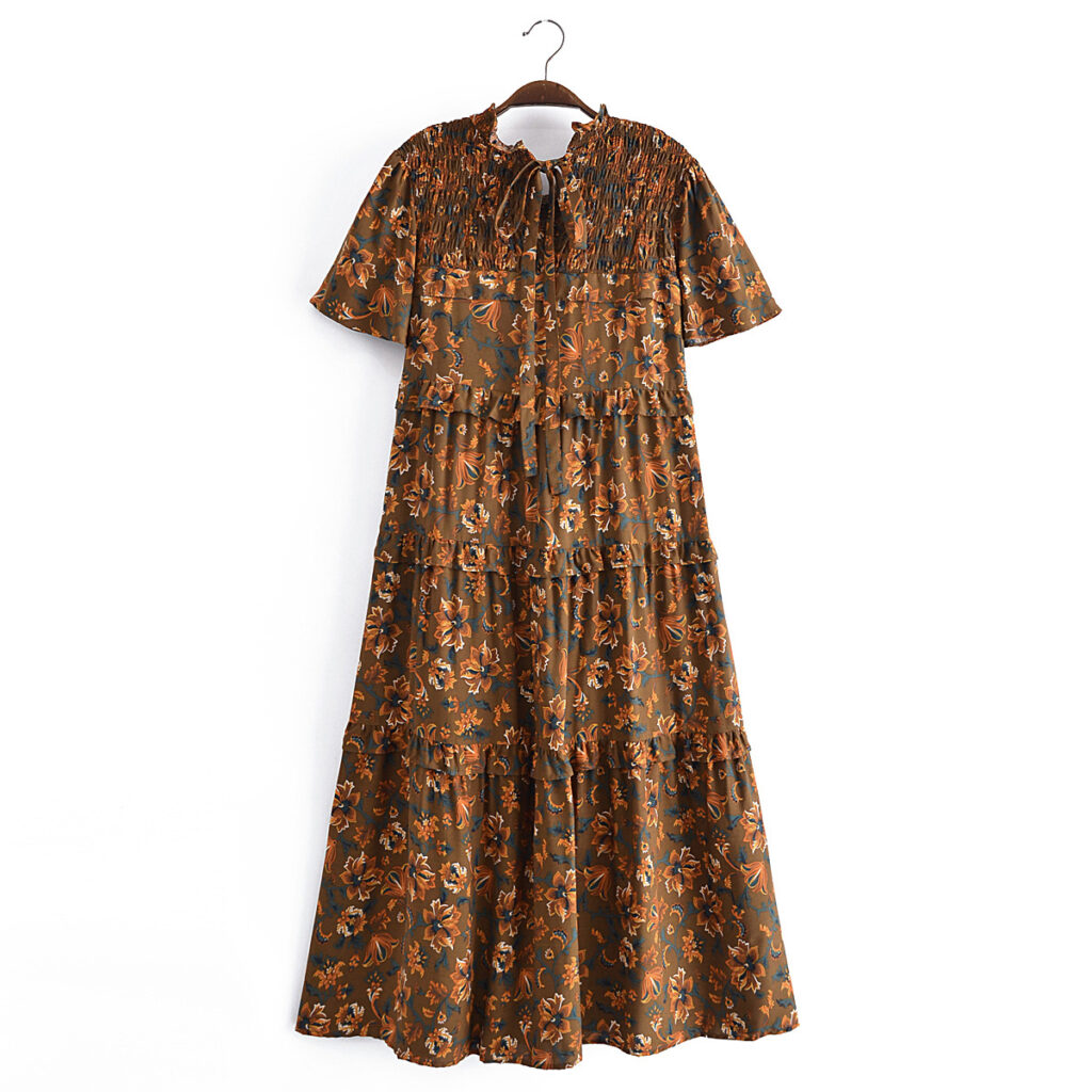 Summer Women Printed Elastic Tiered Dress Short Sleeve Dress Mid Length - Image 2