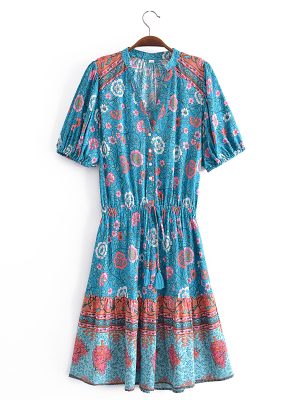 Women Watermark Location Floral Tassel Elastic Waist Short Sleeve Dress Beach Dress