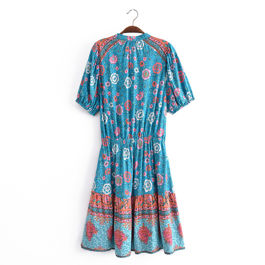 Women Watermark Location Floral Tassel Elastic Waist Short Sleeve Dress Beach Dress - Image 2