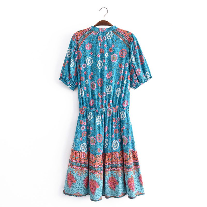 Women Watermark Location Floral Tassel Elastic Waist Short Sleeve Dress Beach Dress - Image 2