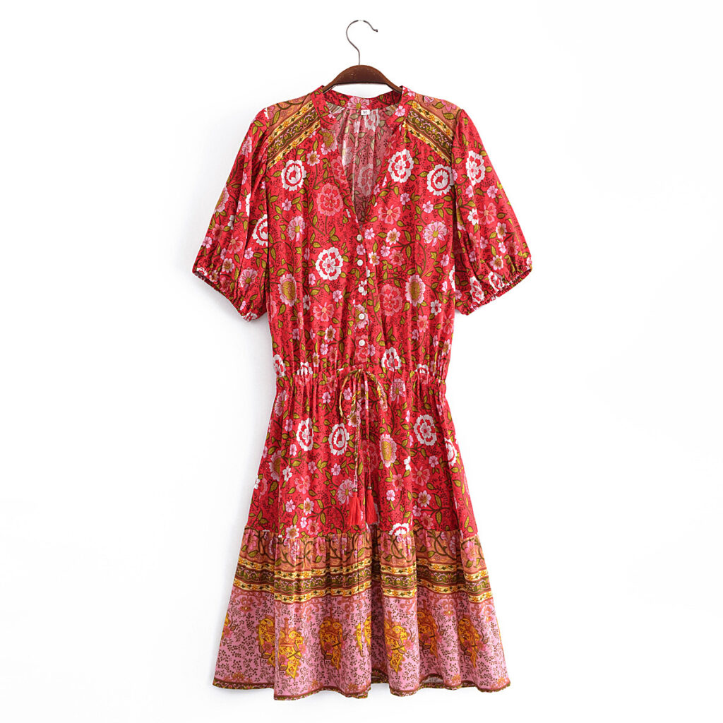 Women Watermark Location Floral Tassel Elastic Waist Short Sleeve Dress Beach Dress - Image 3