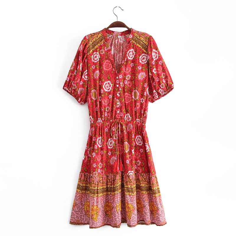 Women Watermark Location Floral Tassel Elastic Waist Short Sleeve Dress Beach Dress - Image 3