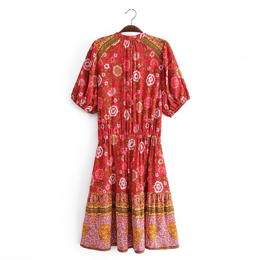 Women Watermark Location Floral Tassel Elastic Waist Short Sleeve Dress Beach Dress - Image 4