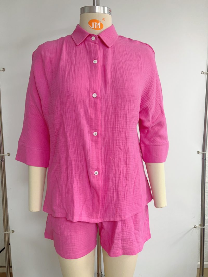 Women Ladies 3/4 Sleeve Shirt Short Pure Cotton Two Piece Suit - Image 11