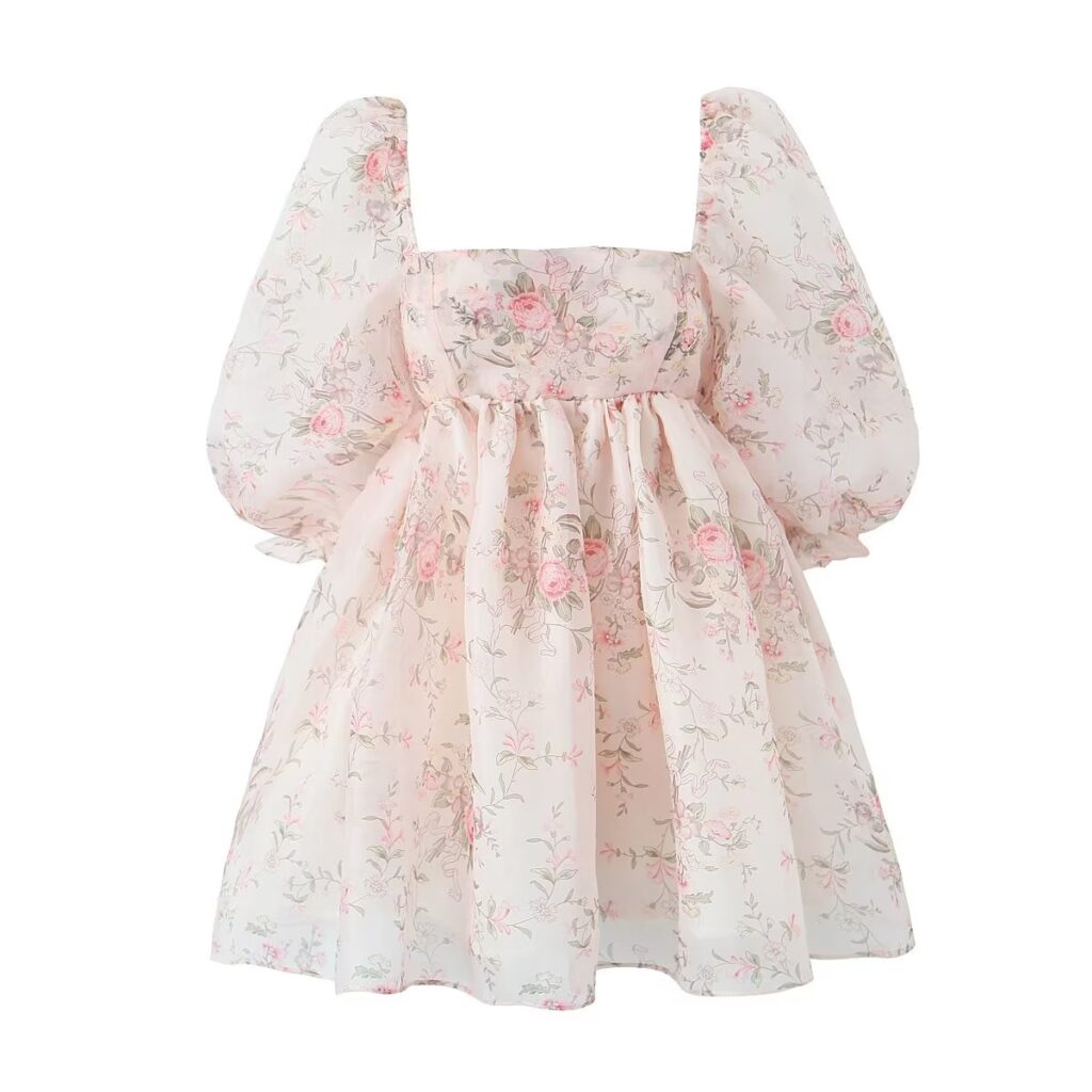 Puff Sleeve High Waist Bubble Short French Minority Design Square Collar Printed Dress for Women