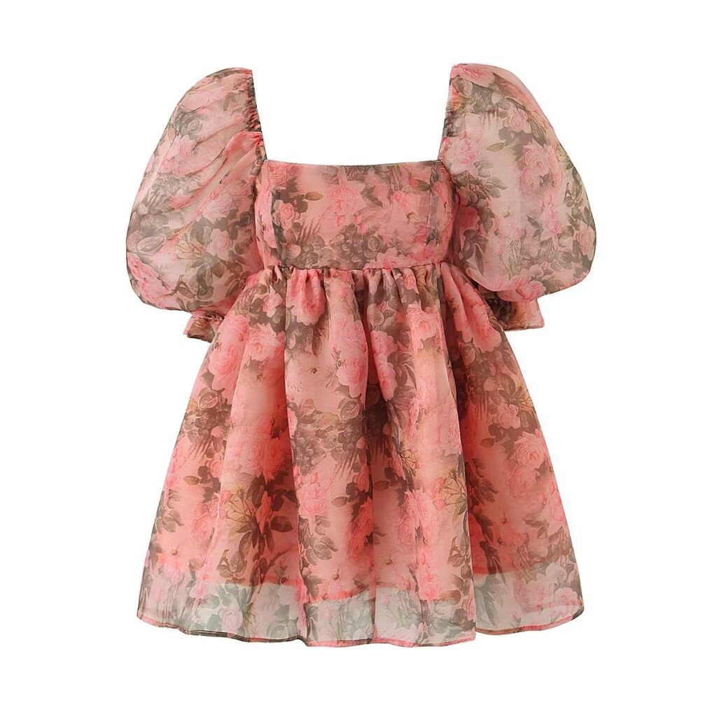 Women Summer Organza Printing Puff Dress Short