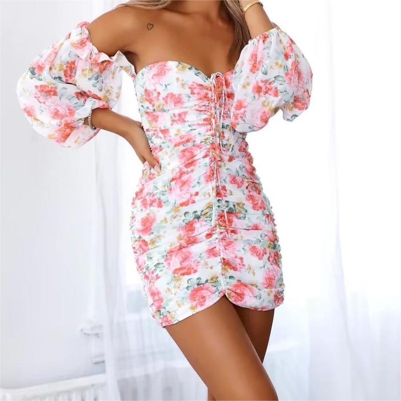 French Square Collar Chest Pleated Lace Up Vintage Dress Women Spring Summer Printed Slim High Waist Puff Sleeve Dress