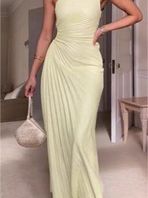 Women Clothing One Shoulder Pleated Color Light Color Series Irregular Asymmetric Dress