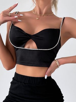 Women Clothing Low Cut Sexy Cutout Sling Diamond in the Debris Stitching Cross Cropped Short Sleeveless Top