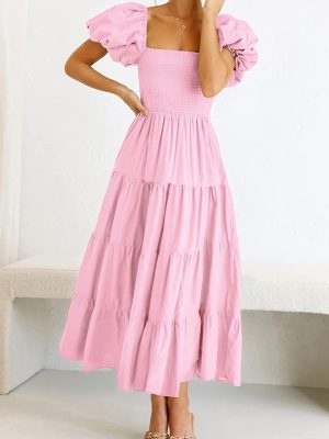 Summer Women Clothing Square Collar Backless Puff Sleeve Pleated Short Sleeves Dress