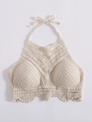 Women  Summer Vacation Crochet Cut Out V Shaped Symmetrical Pattern Strap Shackle Top