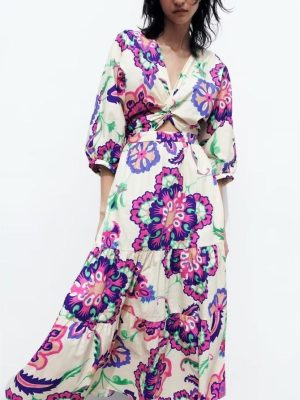 Summer Women Vneck Printed Puff Sleeve Midi Dress