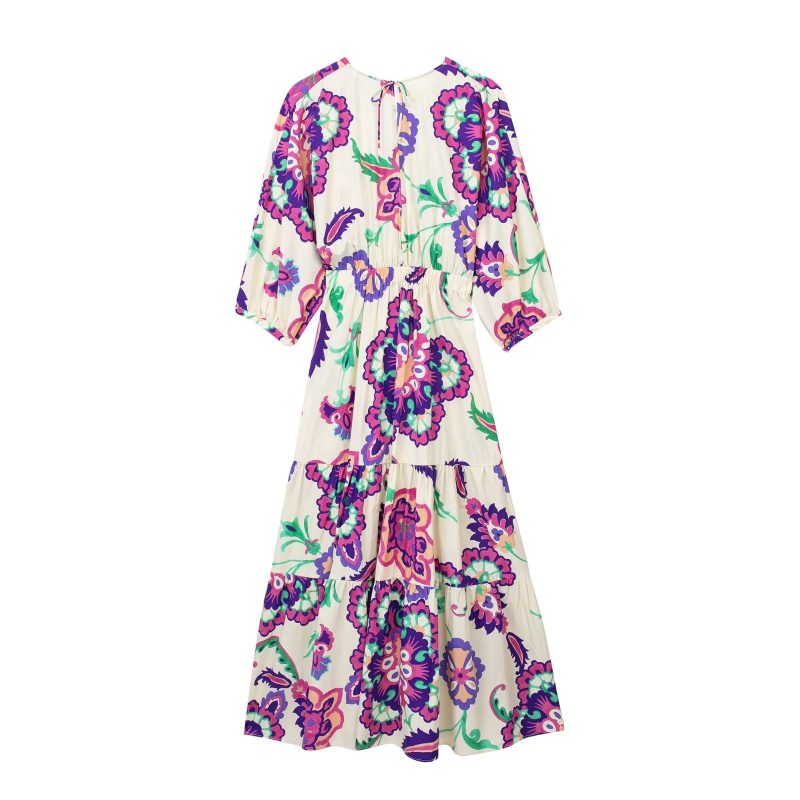 Summer Women Vneck Printed Puff Sleeve Midi Dress - Image 2