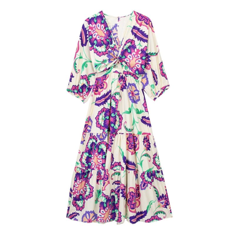 Summer Women Vneck Printed Puff Sleeve Midi Dress - Image 3