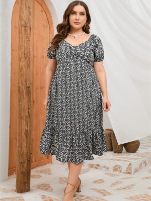 Plus Size Summer Short Sleeve Puff Sleeve Sweet A Line Ruffled Mid Length Dress