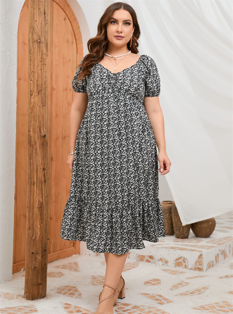 Plus Size Summer Short Sleeve Puff Sleeve Sweet A Line Ruffled Mid Length Dress