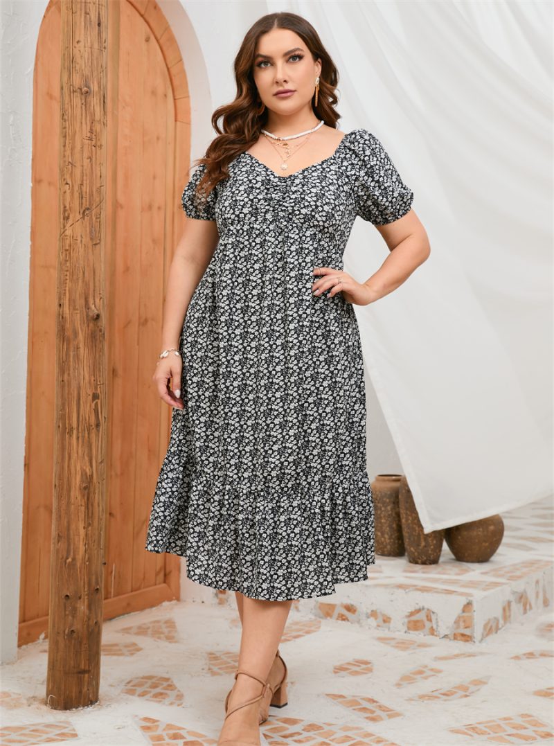 Plus Size Summer Short Sleeve Puff Sleeve Sweet A Line Ruffled Mid Length Dress - Image 2