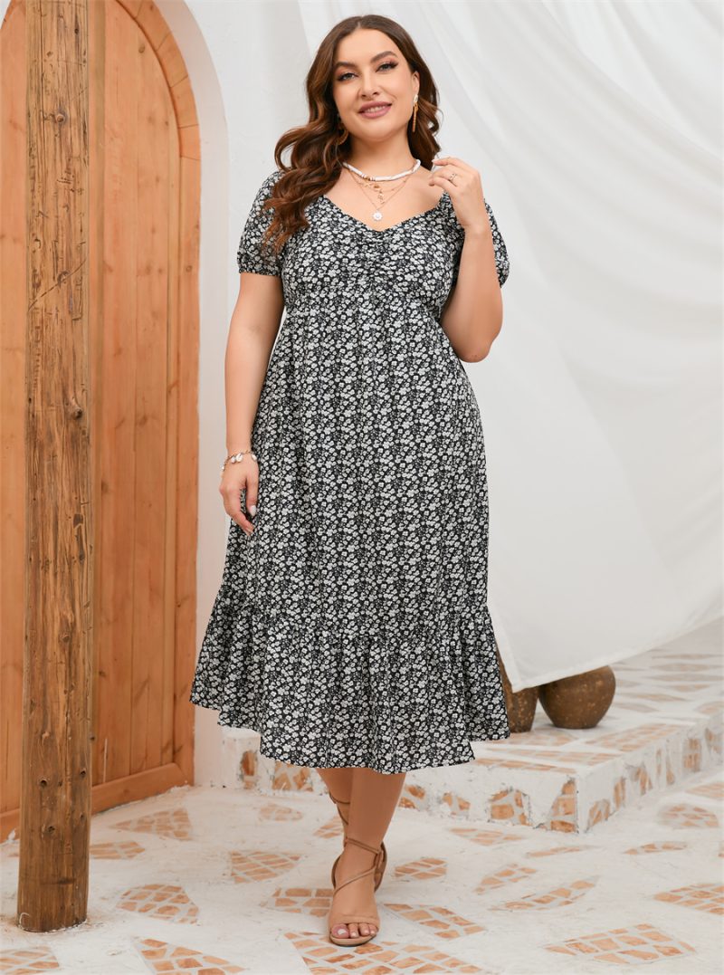 Plus Size Summer Short Sleeve Puff Sleeve Sweet A Line Ruffled Mid Length Dress - Image 3