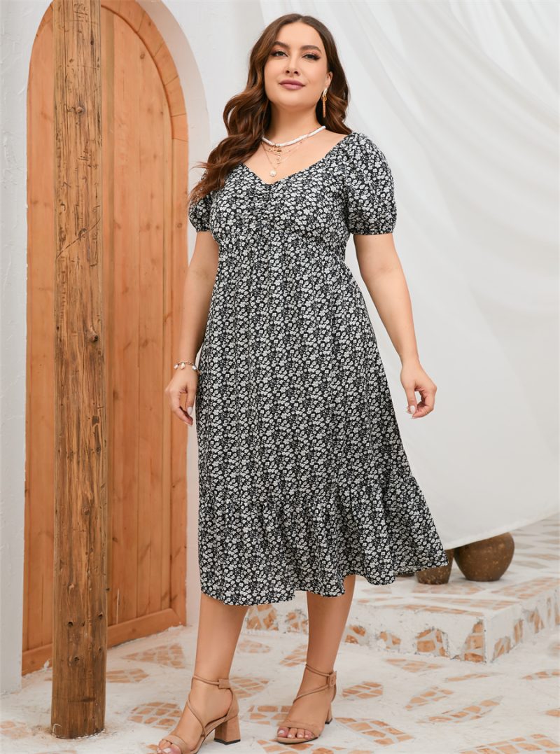 Plus Size Summer Short Sleeve Puff Sleeve Sweet A Line Ruffled Mid Length Dress - Image 4
