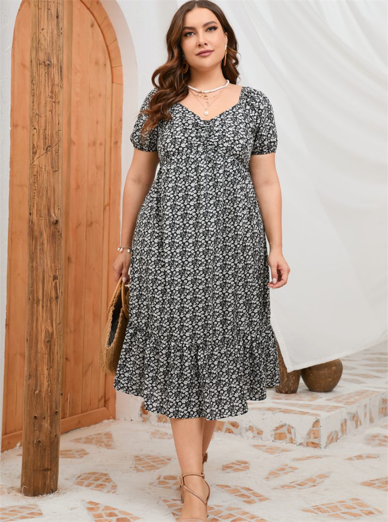 Plus Size Summer Short Sleeve Puff Sleeve Sweet A Line Ruffled Mid Length Dress - Image 5