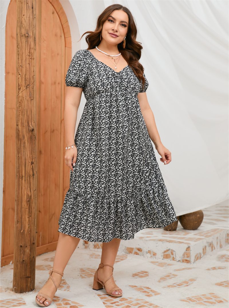 Plus Size Summer Short Sleeve Puff Sleeve Sweet A Line Ruffled Mid Length Dress - Image 7