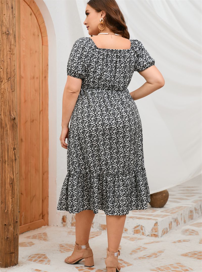 Plus Size Summer Short Sleeve Puff Sleeve Sweet A Line Ruffled Mid Length Dress - Image 8