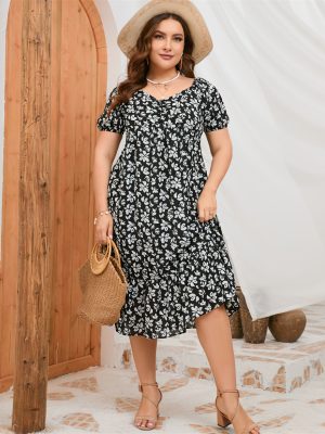 Plus Size Women Dress Summer New Puff Sleeve Ladies Ruffle Long Dress