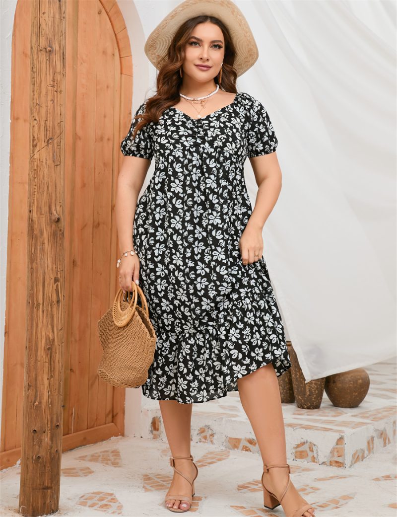 Plus Size Women Dress Summer New Puff Sleeve Ladies Ruffle Long Dress