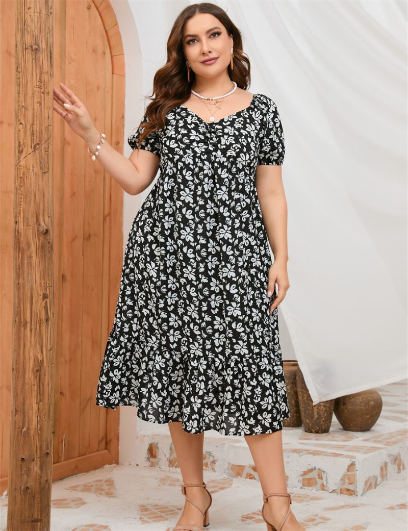 Plus Size Women Dress Summer New Puff Sleeve Ladies Ruffle Long Dress - Image 3
