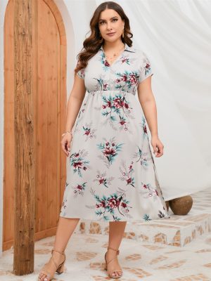 Plus Size Summer Dress Collar Short Sleeve Side Split Mid length Shirt Dress