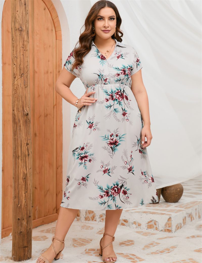 Plus Size Summer Dress Collar Short Sleeve Side Split Mid length Shirt Dress - Image 2