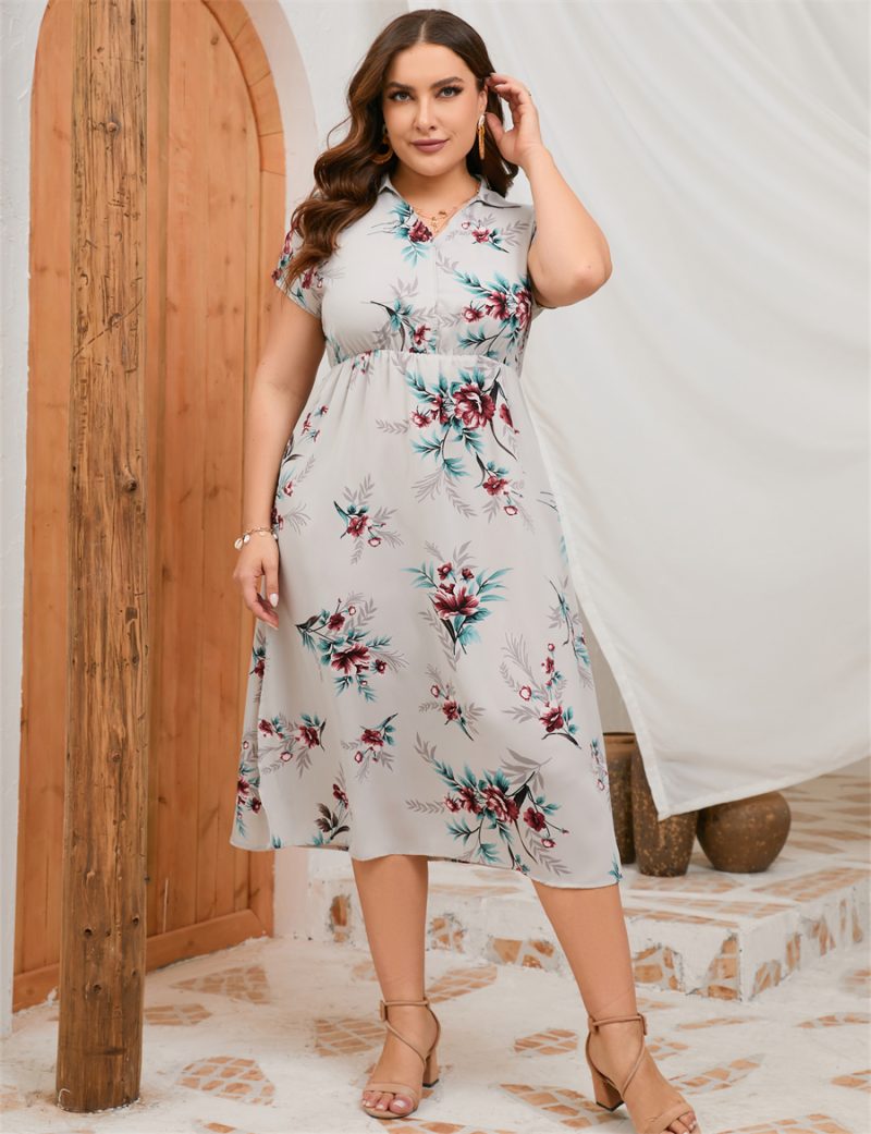 Plus Size Summer Dress Collar Short Sleeve Side Split Mid length Shirt Dress - Image 3