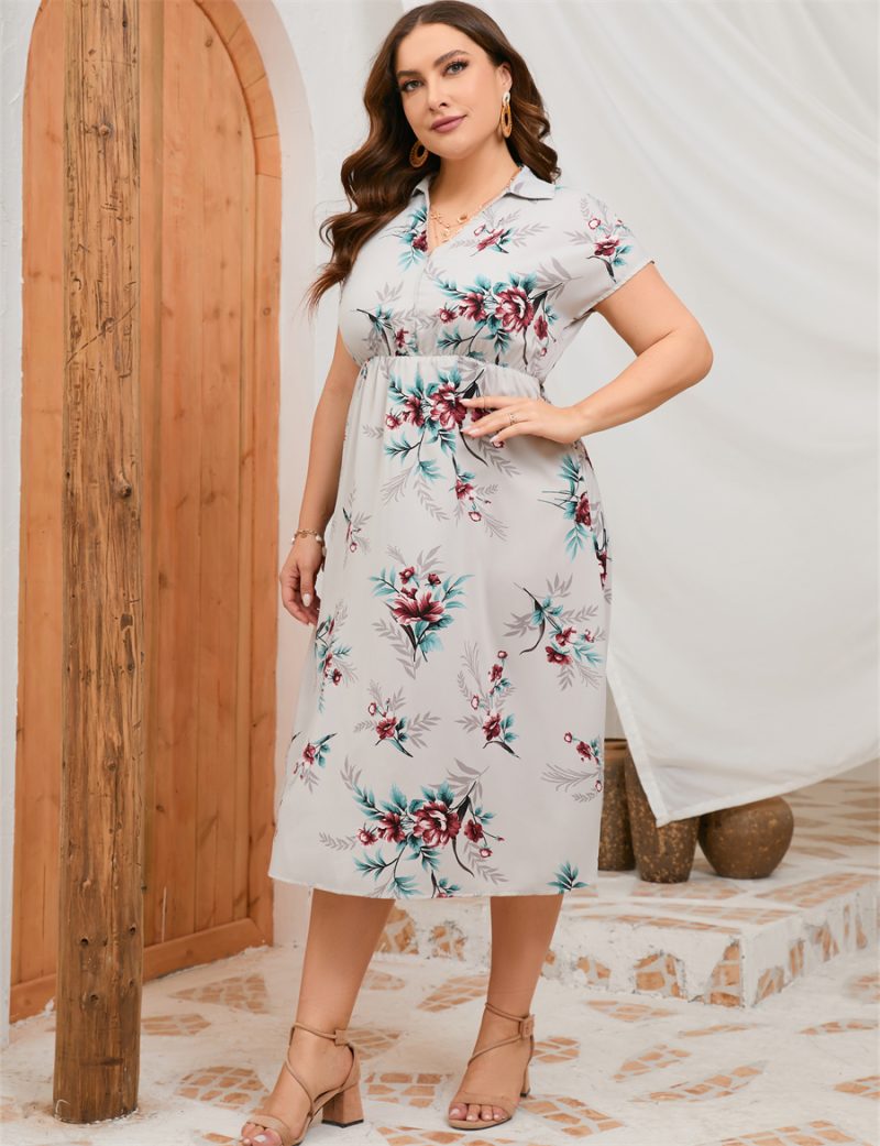 Plus Size Summer Dress Collar Short Sleeve Side Split Mid length Shirt Dress - Image 4