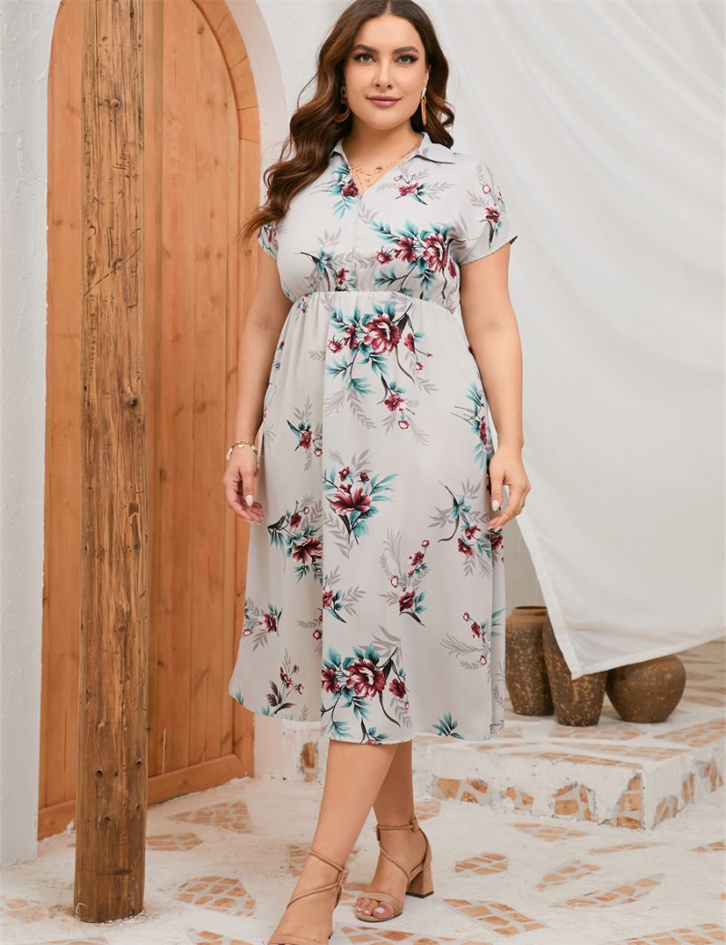 Plus Size Summer Dress Collar Short Sleeve Side Split Mid length Shirt Dress - Image 5