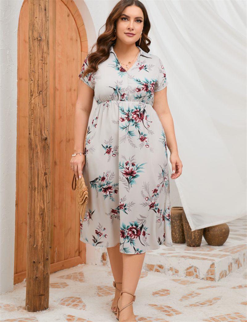 Plus Size Summer Dress Collar Short Sleeve Side Split Mid length Shirt Dress - Image 6
