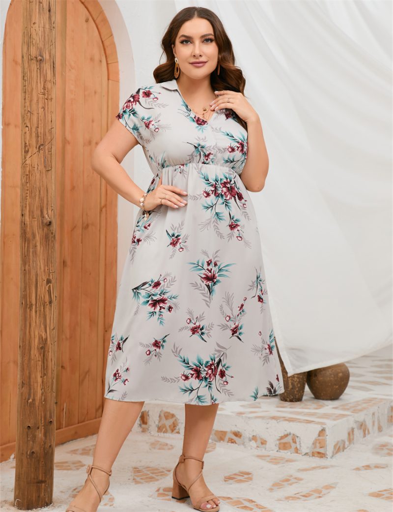 Plus Size Summer Dress Collar Short Sleeve Side Split Mid length Shirt Dress - Image 7