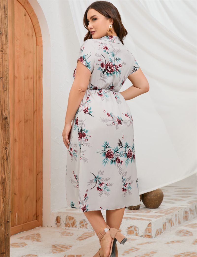 Plus Size Summer Dress Collar Short Sleeve Side Split Mid length Shirt Dress - Image 8