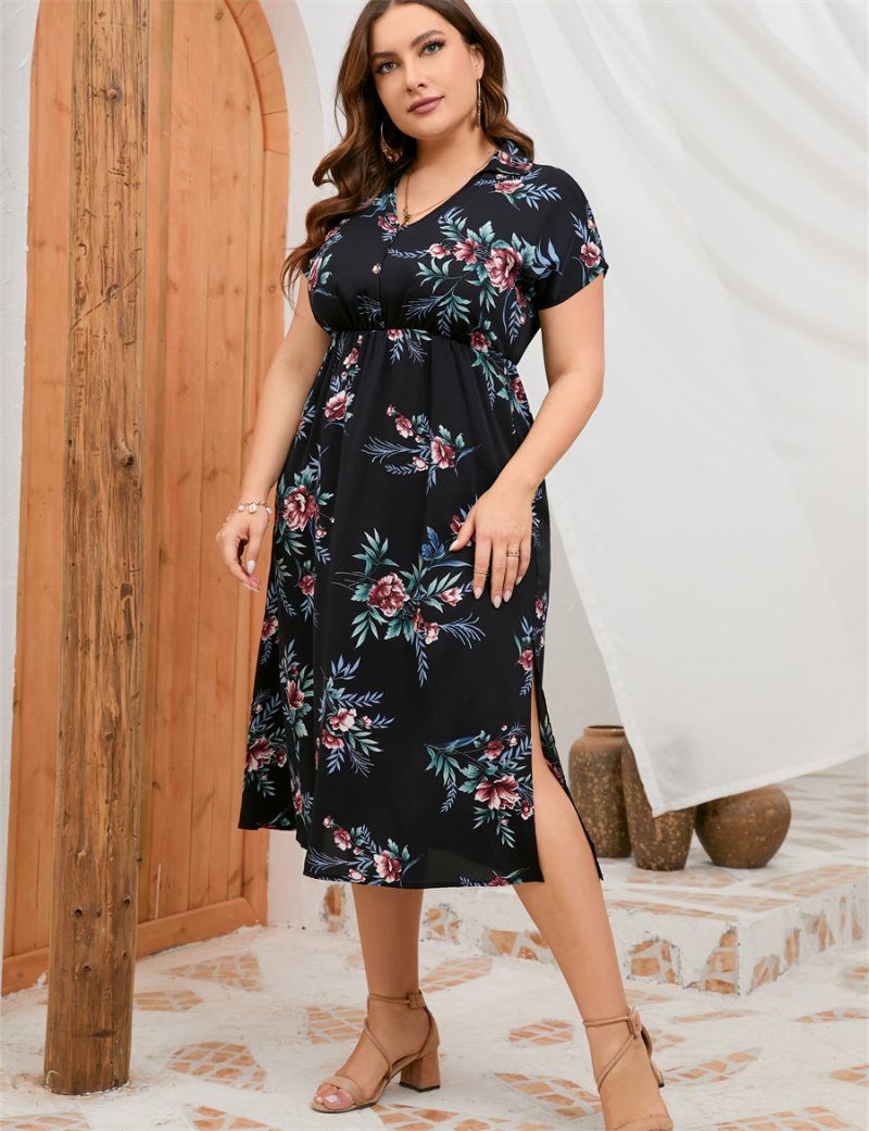 Plus Size Summer Dress Collar Short Sleeve Side Split Mid length Shirt Dress - Image 9
