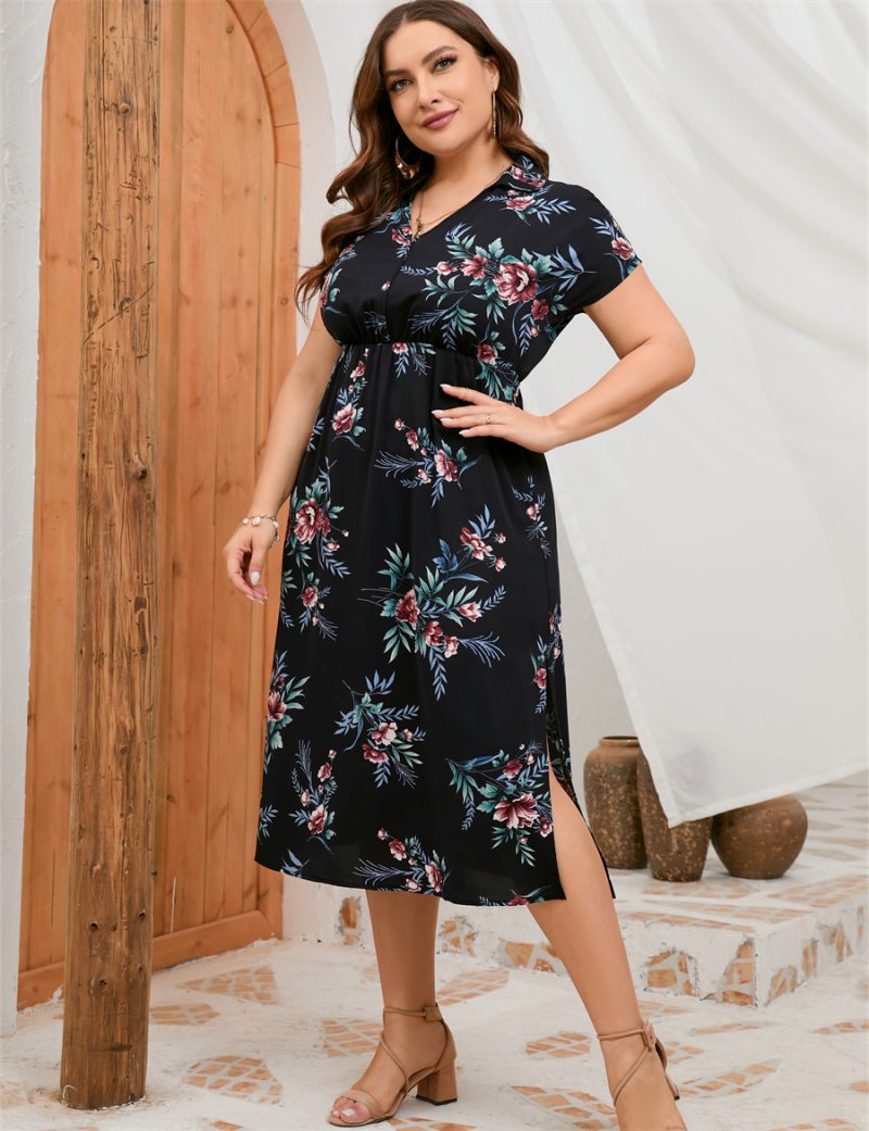 Plus Size Summer Dress Collar Short Sleeve Side Split Mid length Shirt Dress - Image 10