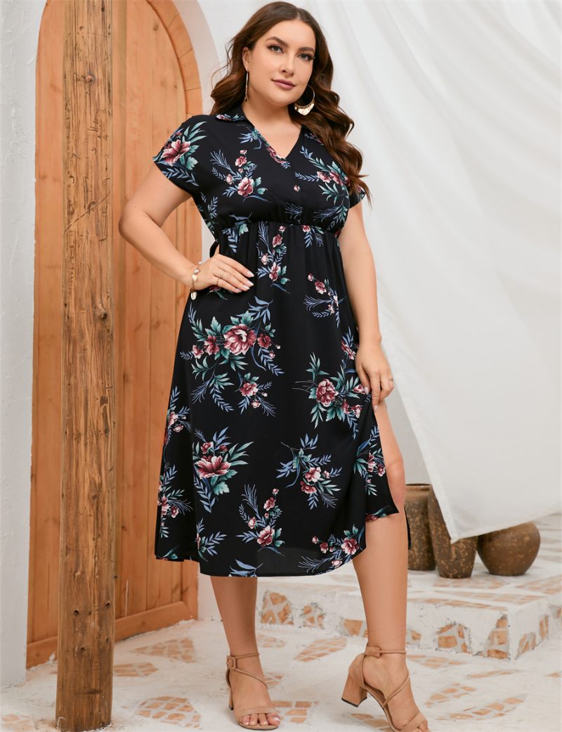 Plus Size Summer Dress Collar Short Sleeve Side Split Mid length Shirt Dress - Image 13