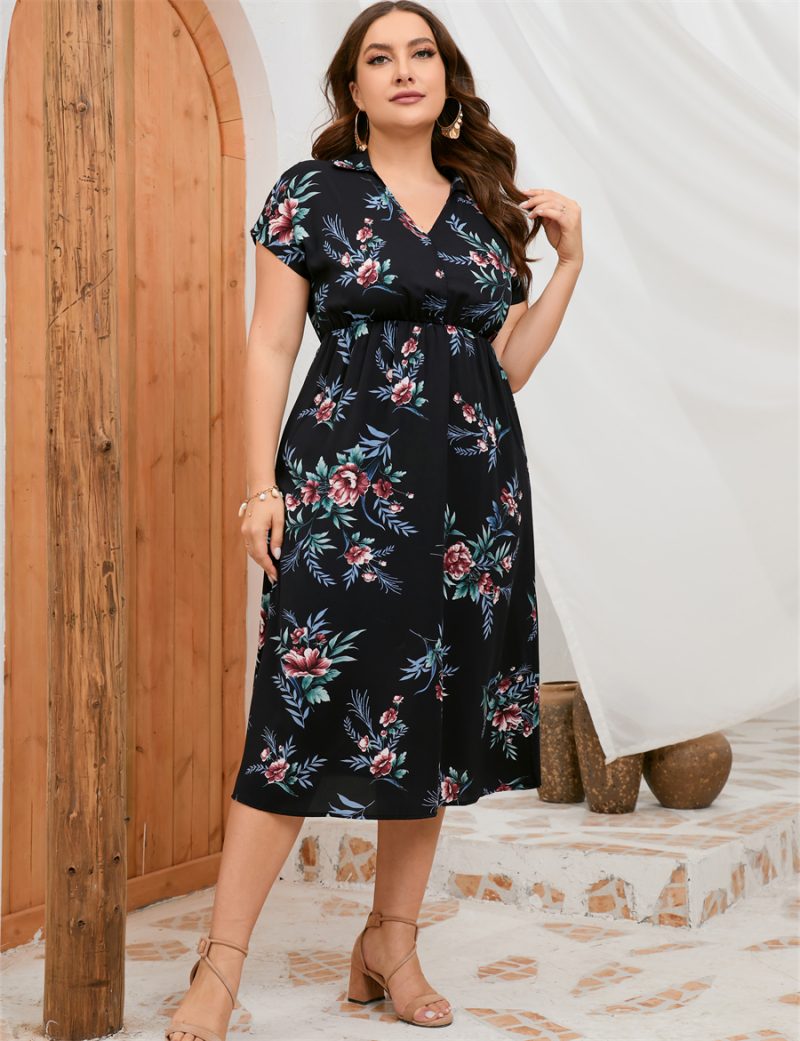 Plus Size Summer Dress Collar Short Sleeve Side Split Mid length Shirt Dress - Image 14