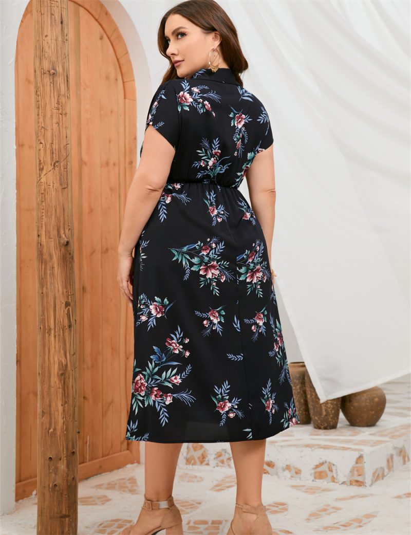 Plus Size Summer Dress Collar Short Sleeve Side Split Mid length Shirt Dress - Image 15